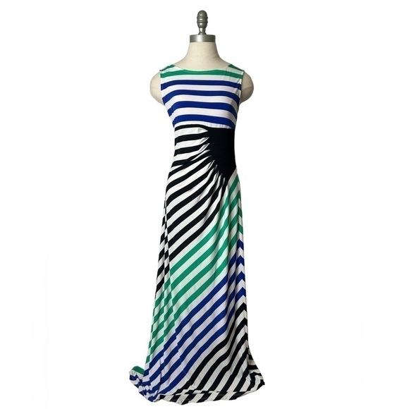 2/$30 London Times Sleeveless Stripe Long Stretch Maxi Dress  Slimming Panel - Picture 3 of 15